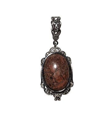 Vintage Silver Tone Jasper Pendant Ornate Design Victorian Gothic Fashion Women